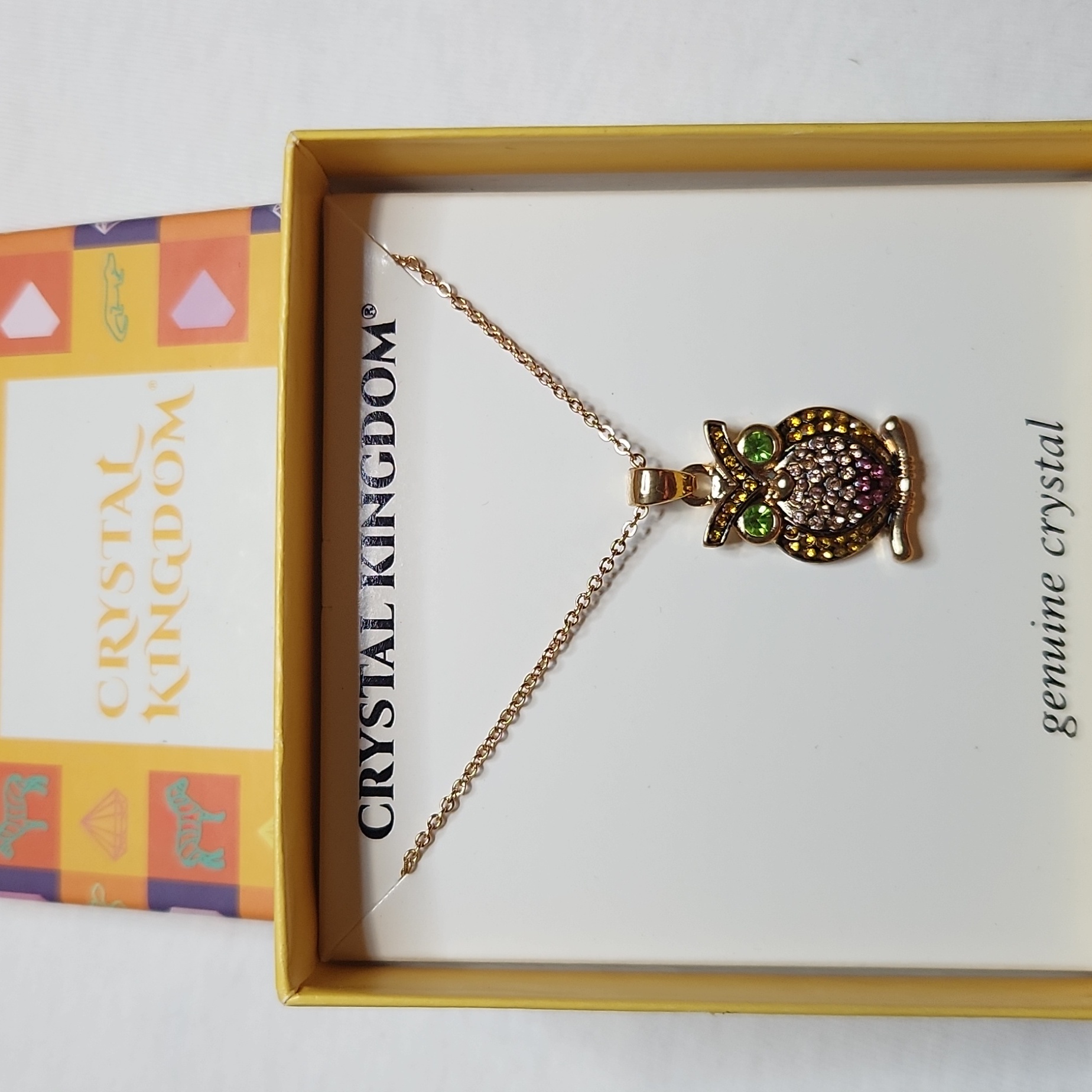 Gold Owl Necklace With Green Accents